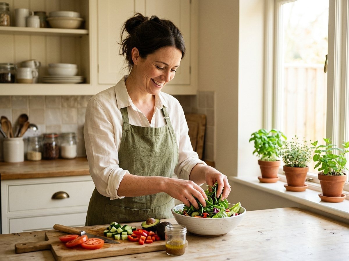 A woman enjoying preparing fresh vegetables in a sunny home kitchen