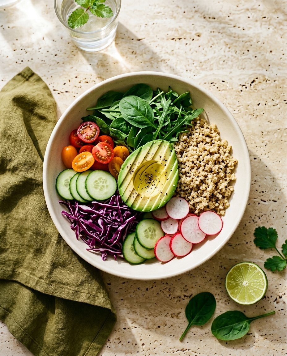 A nourishing bowl of fresh greens, avocado, quinoa, and colorful vegetables in natural sunlight